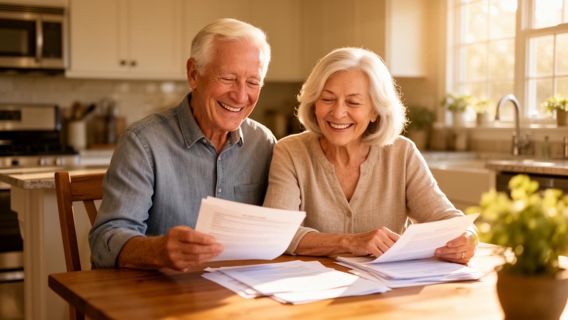 Smiling elderly couple at home reviewing their insurance options