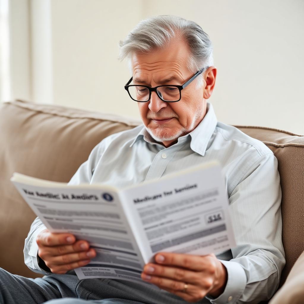 Senior man reading a printed Medicare booklet at home