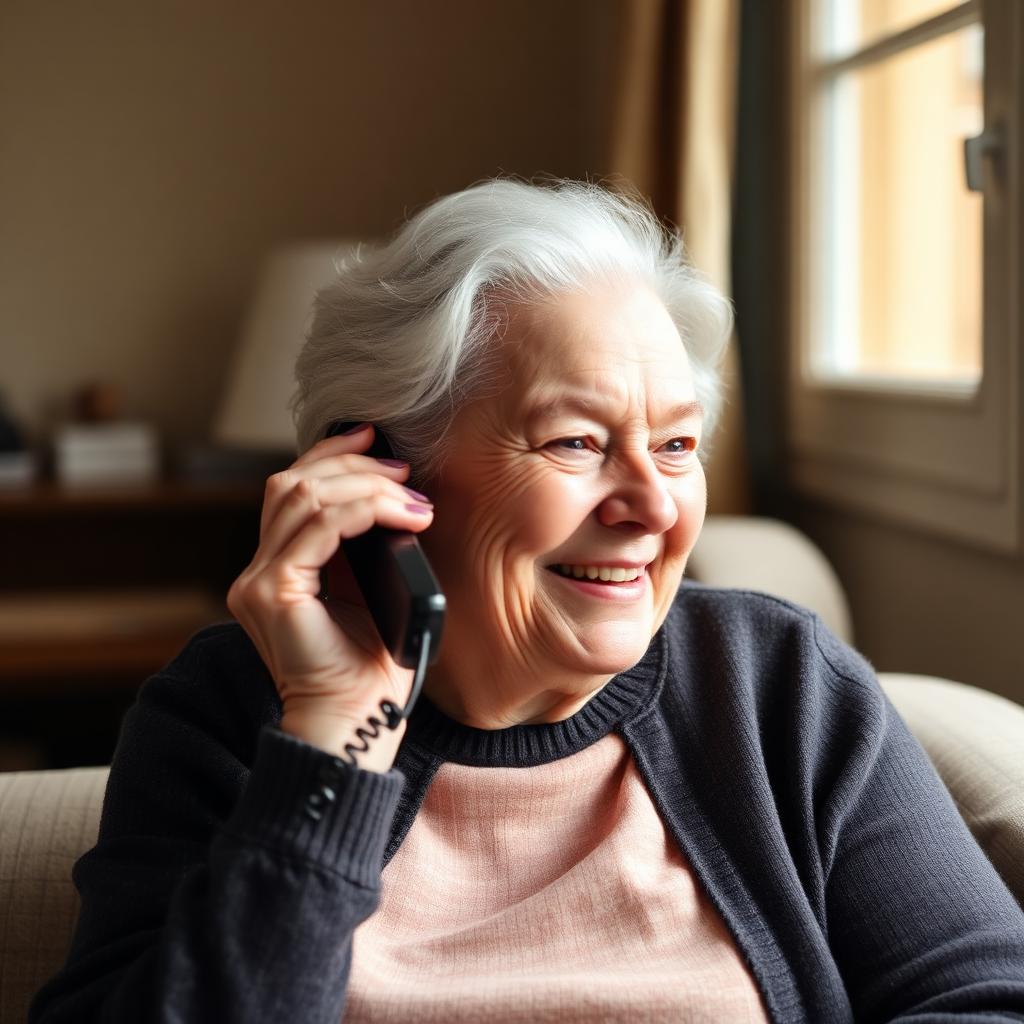 Smiling senior woman talking on the phone at home